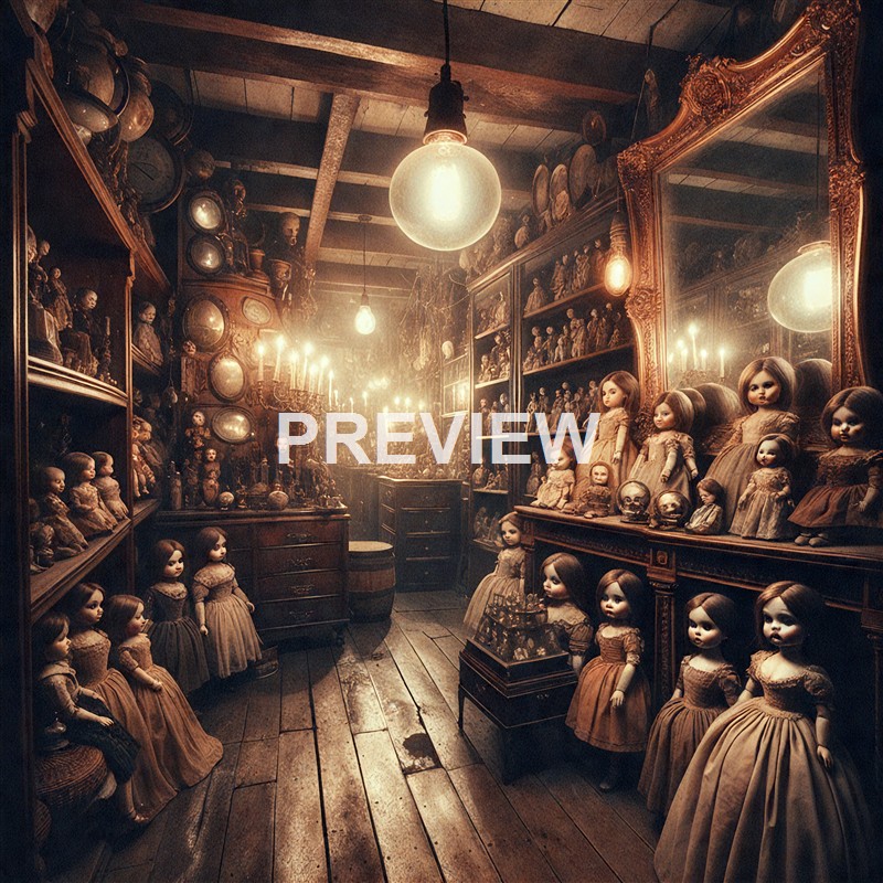 The image depicts a dimly lit room filled with antique dolls of various sizes and styles, displayed on wooden shelves, cabinets, and the floor, with a large mirror reflecting the scene and warm, vintage lighting illuminating the space.